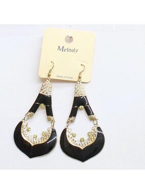 NWT Melody Womens Fashion Enamel Filigree Teardrop Earrings Gold / Black 3.5"